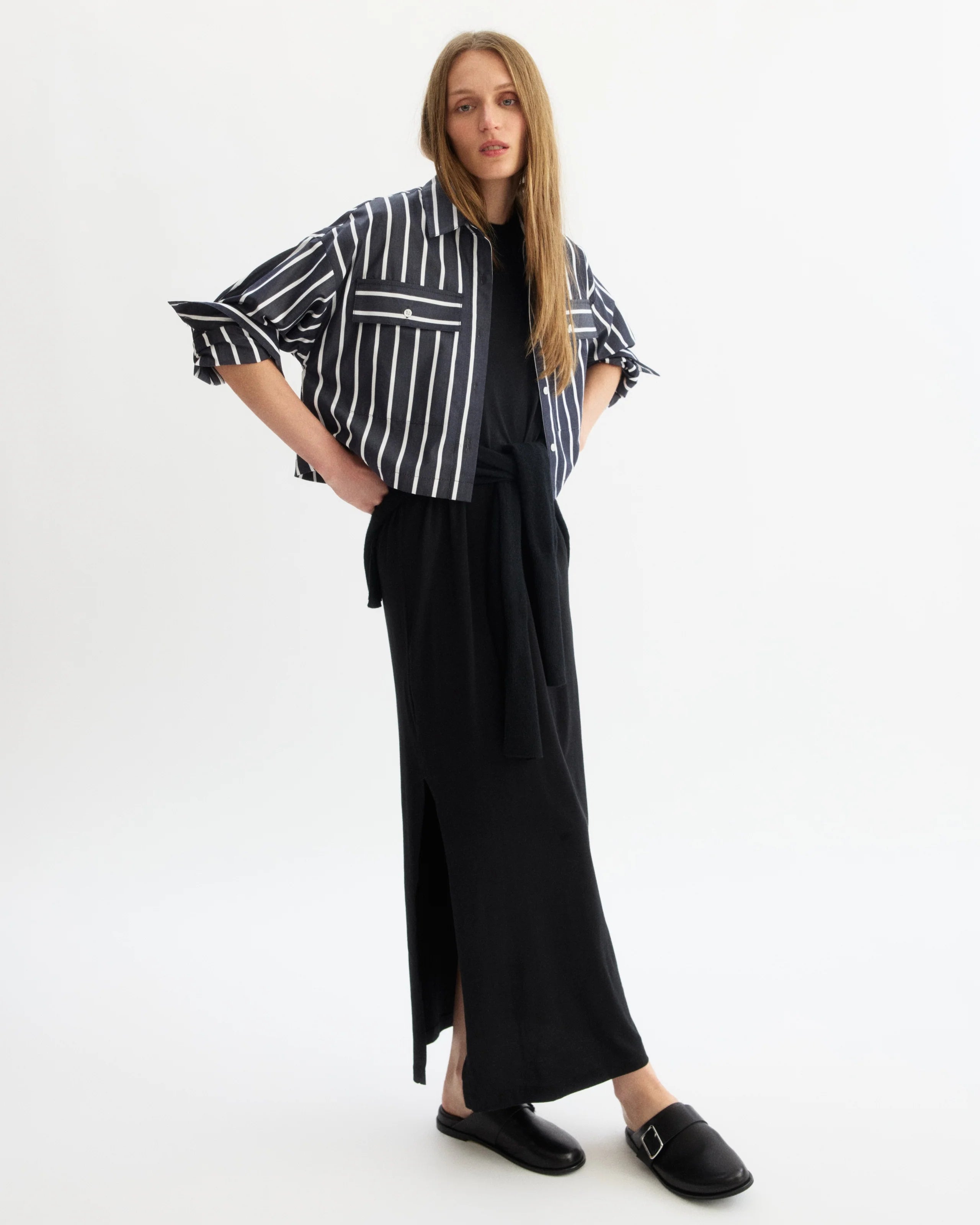 HESTER BOXY SHORT BUTTON DOWN IN NAVY STRIPE
