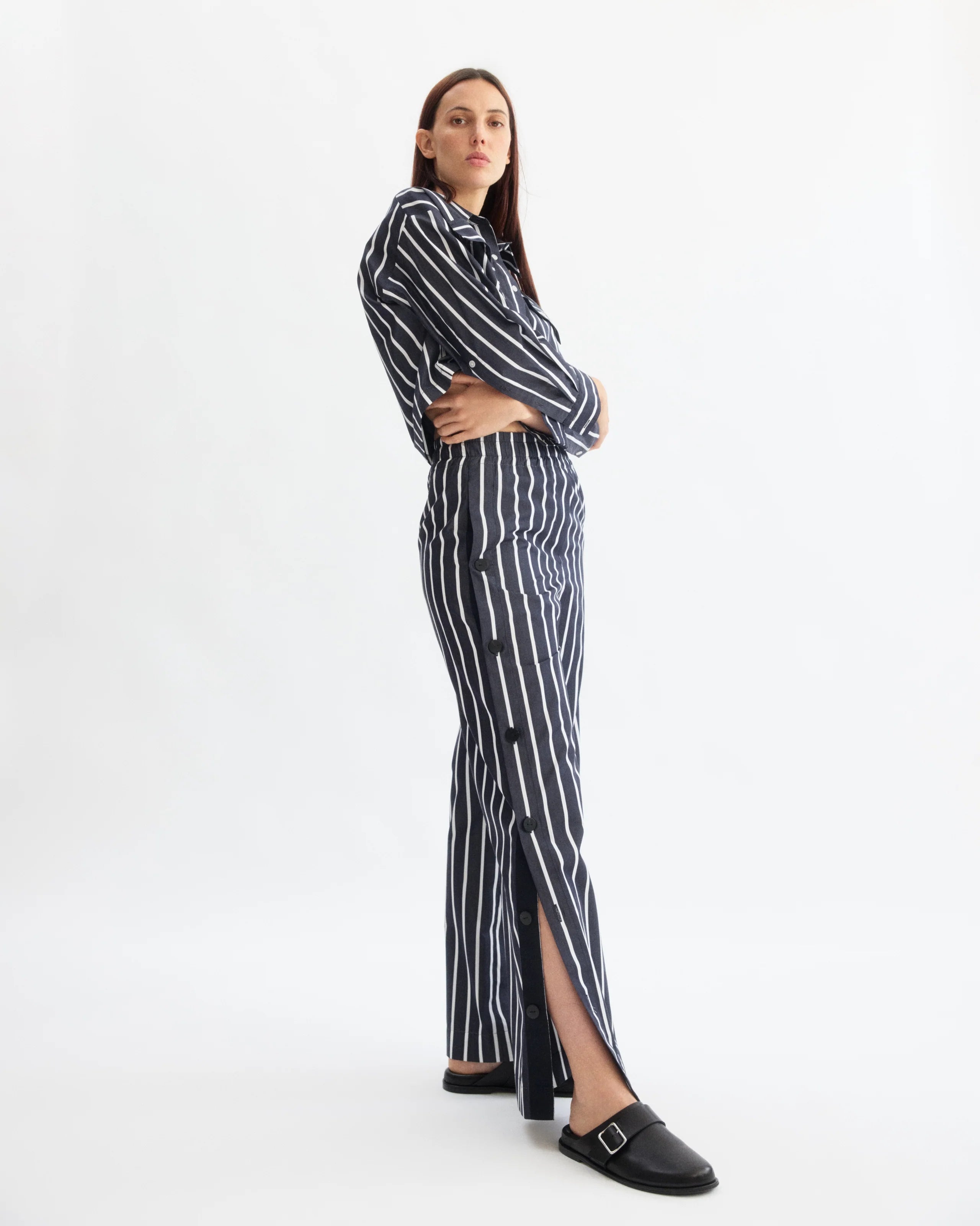 BAXTER SIDE BUTTON PANTS IN NAVY STRIPE