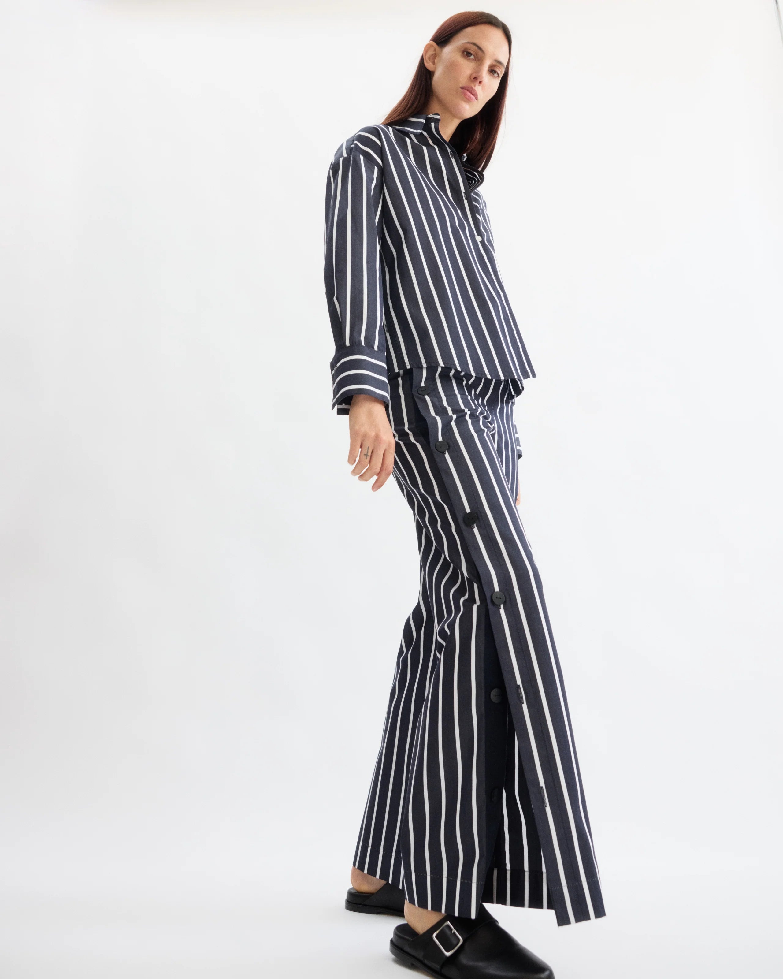 BAXTER SIDE BUTTON PANTS IN NAVY STRIPE