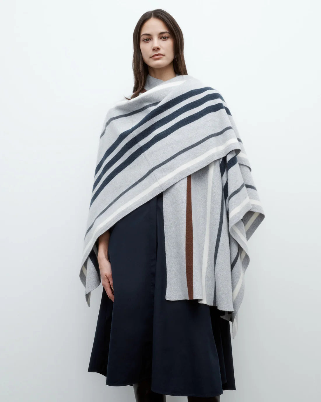 STRIPED WRAP PONCHO GRAY/NAVY