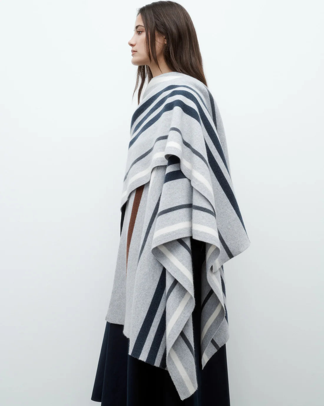 STRIPED WRAP PONCHO GRAY/NAVY