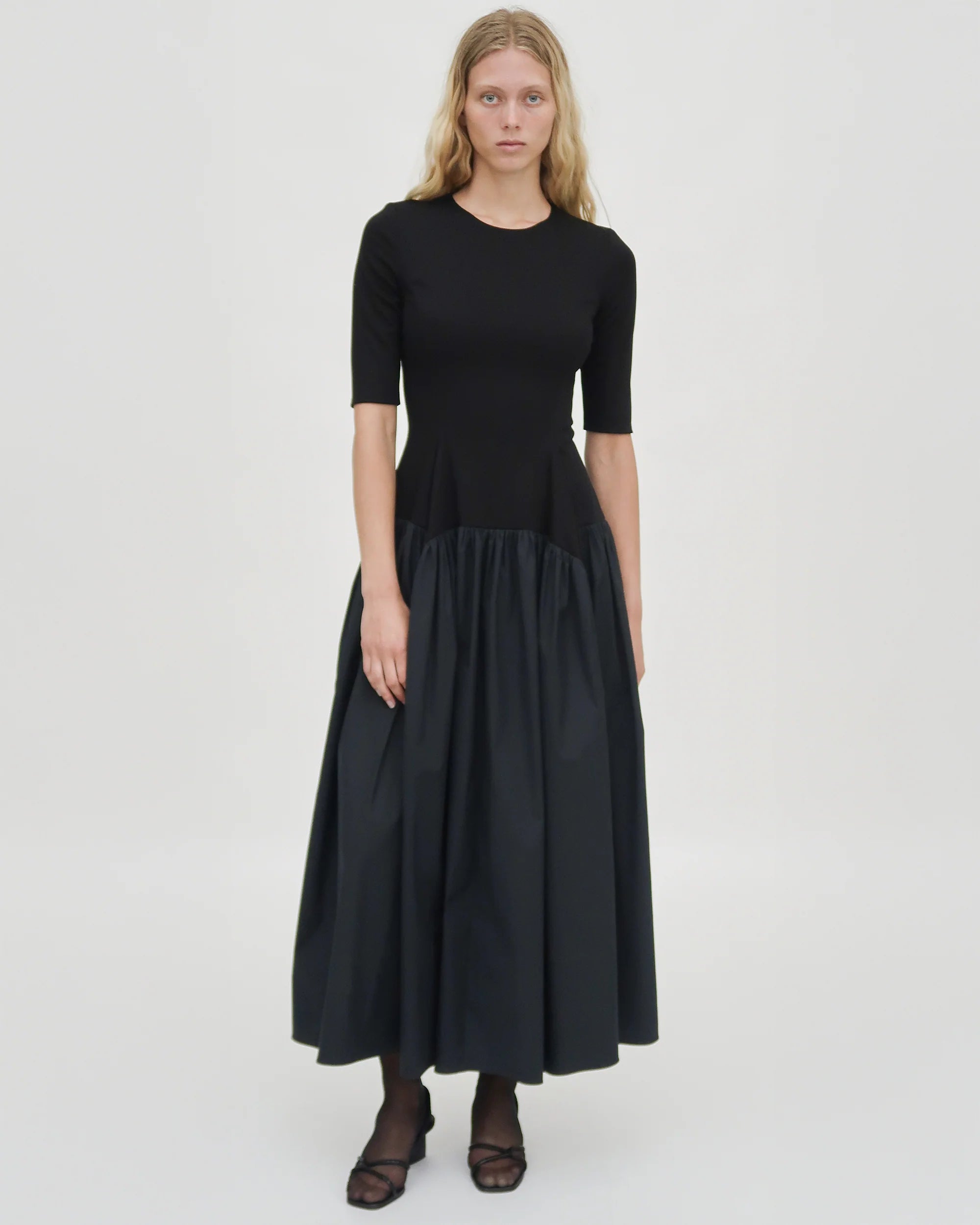 FITTED GATHERED PEPLUM COMBO DRESS BLACK