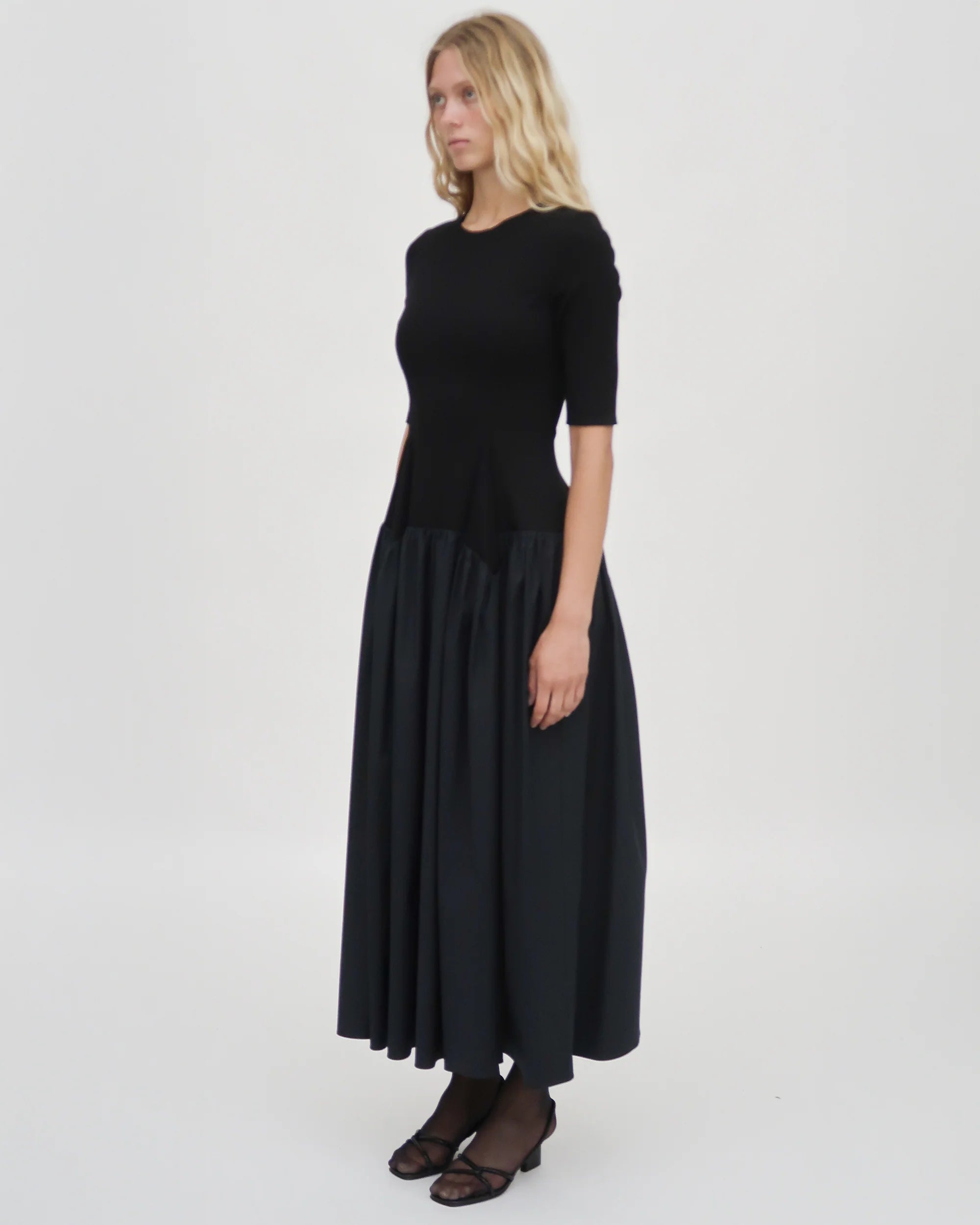 FITTED GATHERED PEPLUM COMBO DRESS BLACK