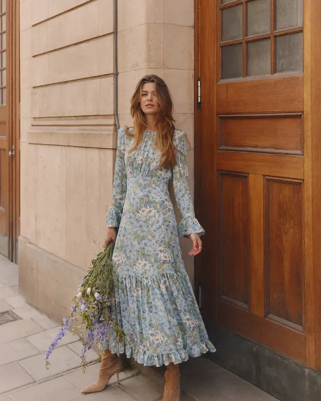 VISCOSE FLOUNCE DRESS BLUE MEADOW