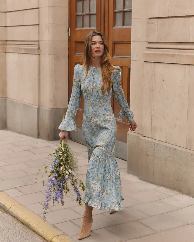 VISCOSE FLOUNCE DRESS BLUE MEADOW