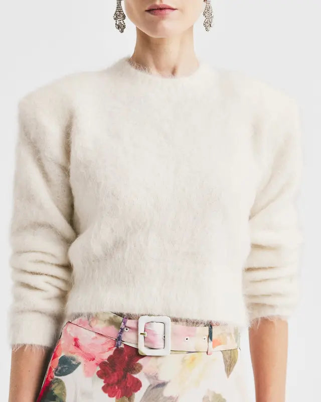 HAIRY KNIT FITTED SWEATER WHITE