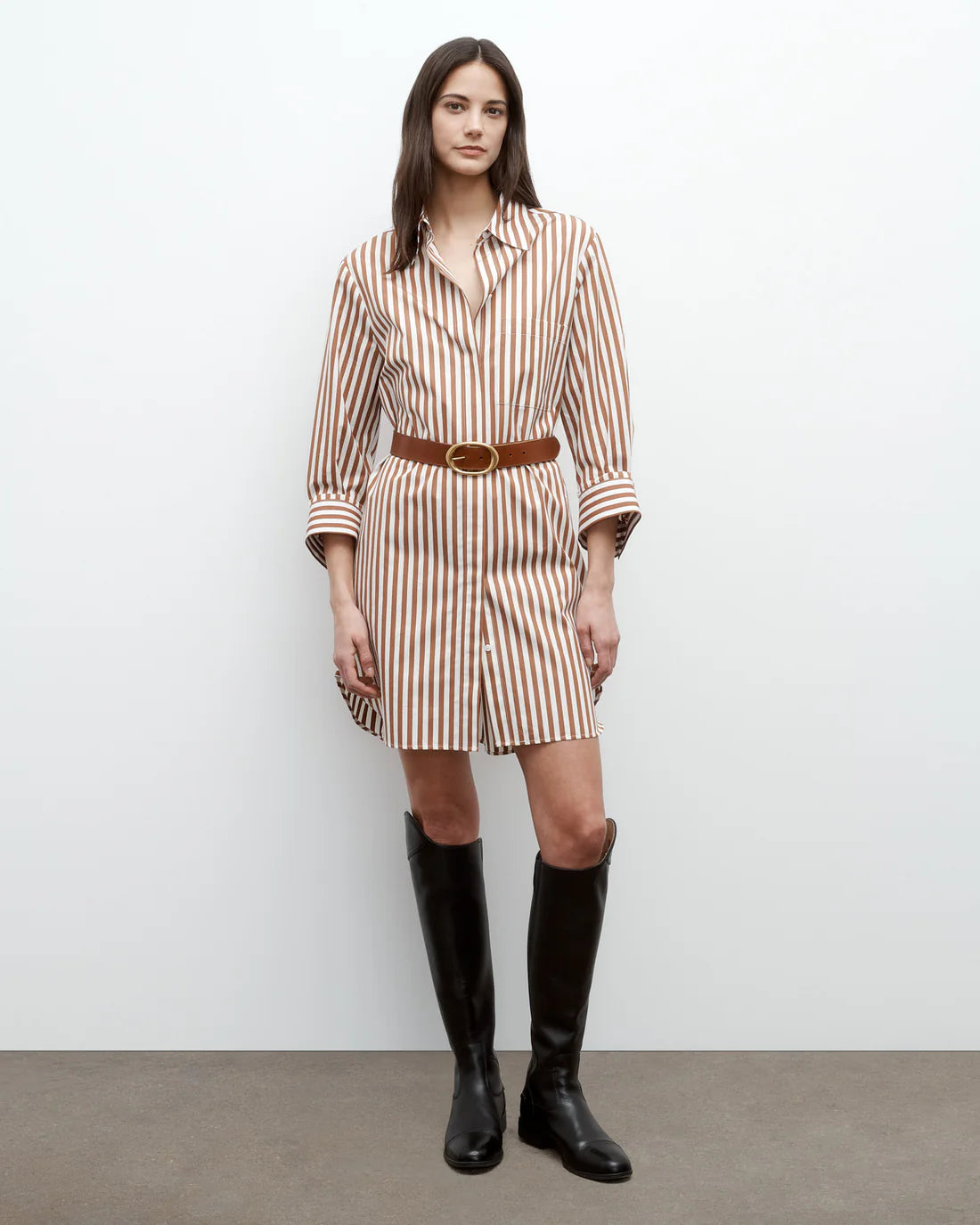 MORNING AFTER DRESS IVORY/COGNAC STRIPE