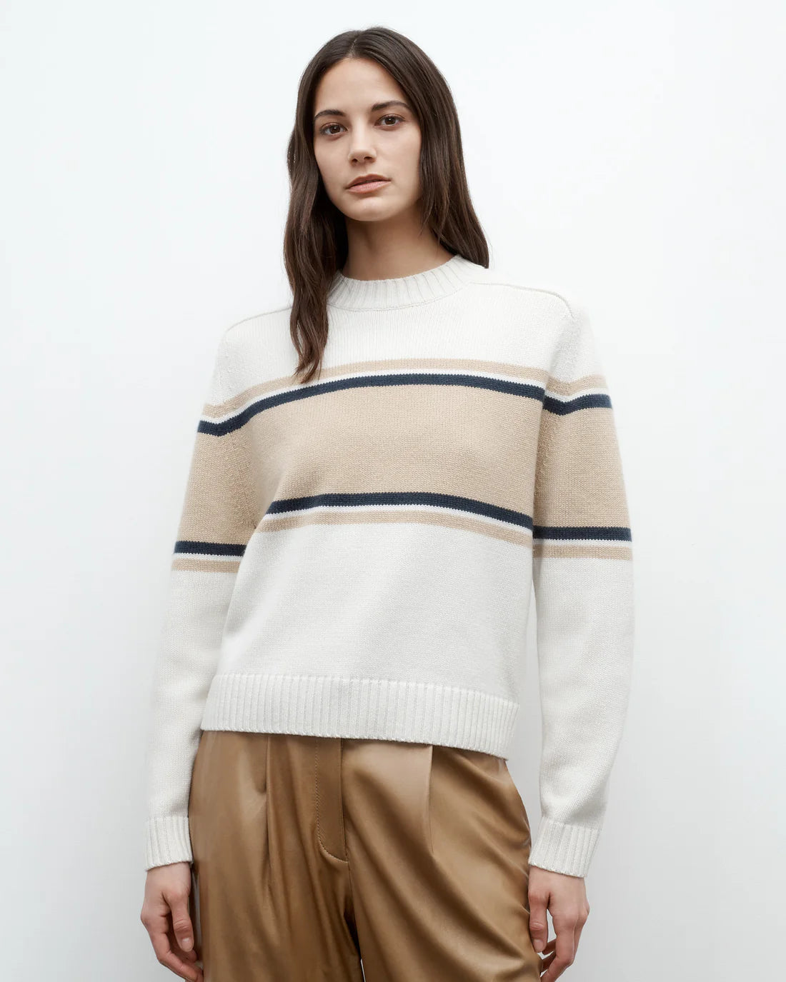 SADDLE CREWNECK WITH STRIPES IVORY/CAMEL