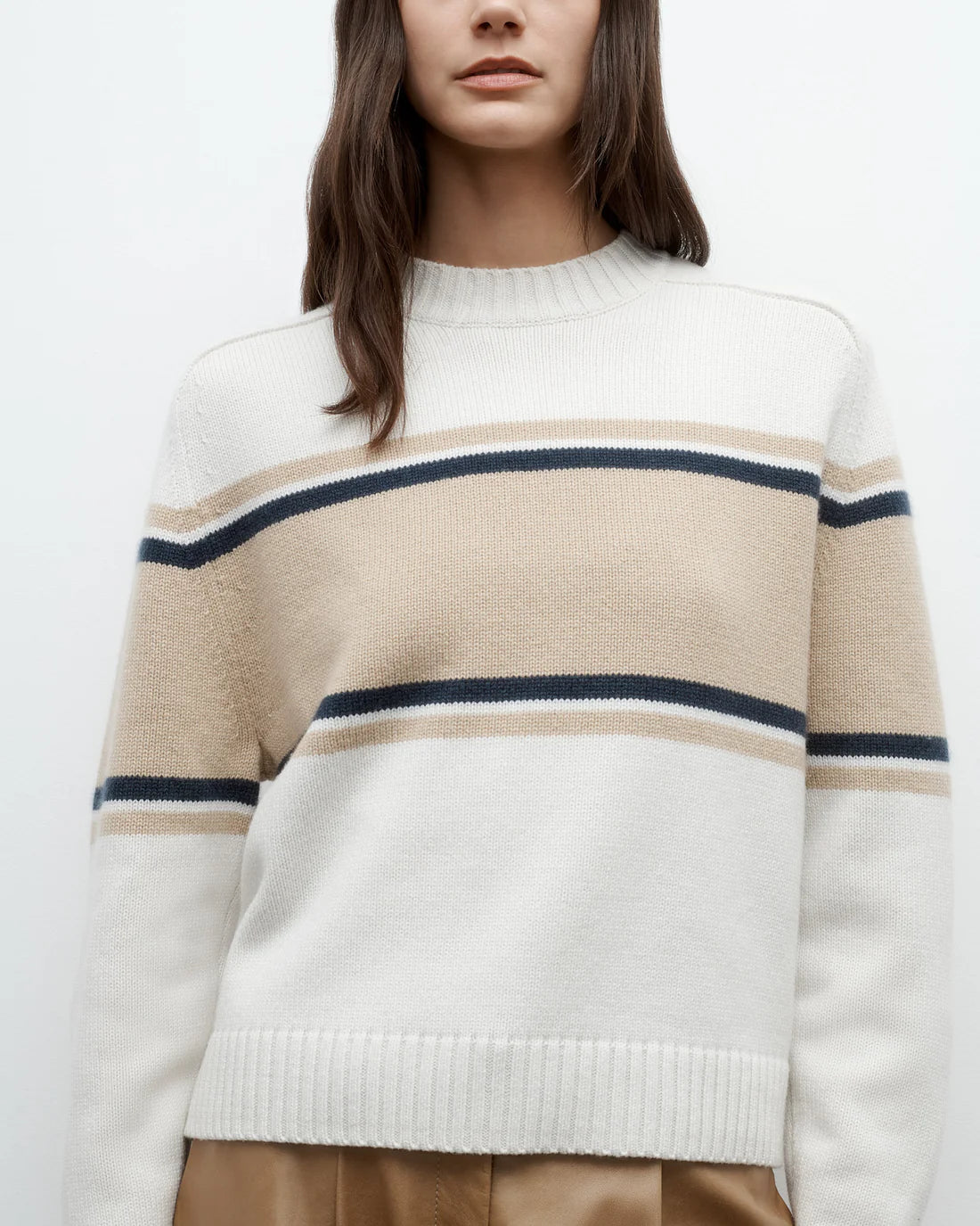 SADDLE CREWNECK WITH STRIPES IVORY/CAMEL