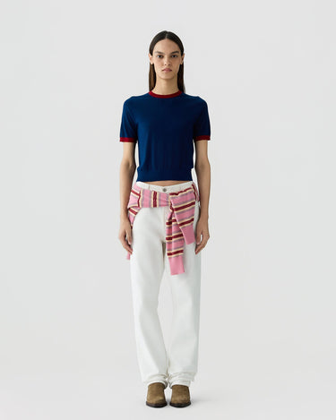 AIRY RINGER TEE NAVY/CARMINE