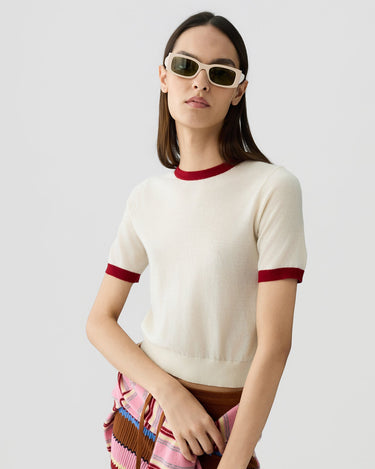AIRY RINGER TEE CREAM/CARMINE