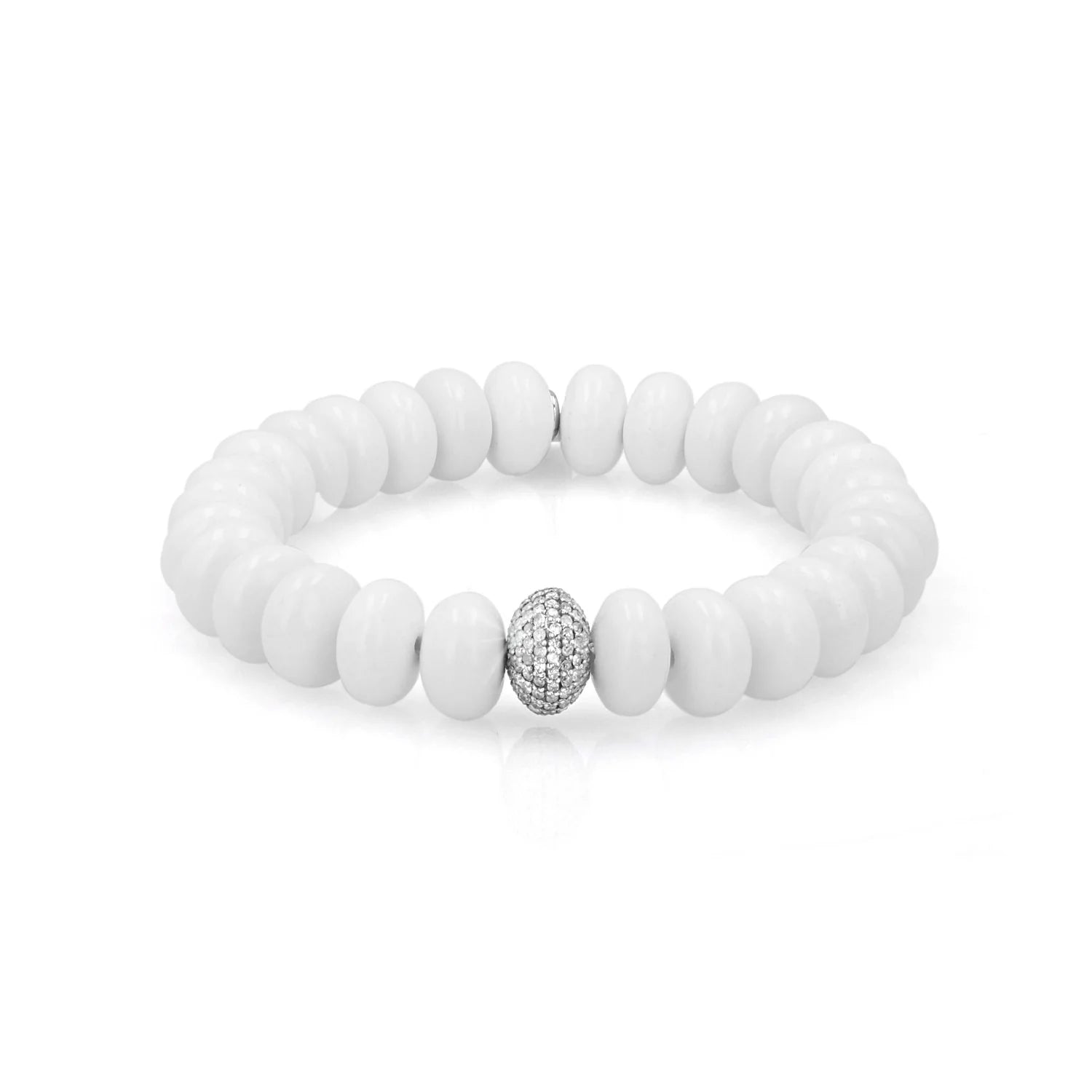 WHITE AGATE RONDELLE BRACELET WITH DIAMOND DONUT - 10MM