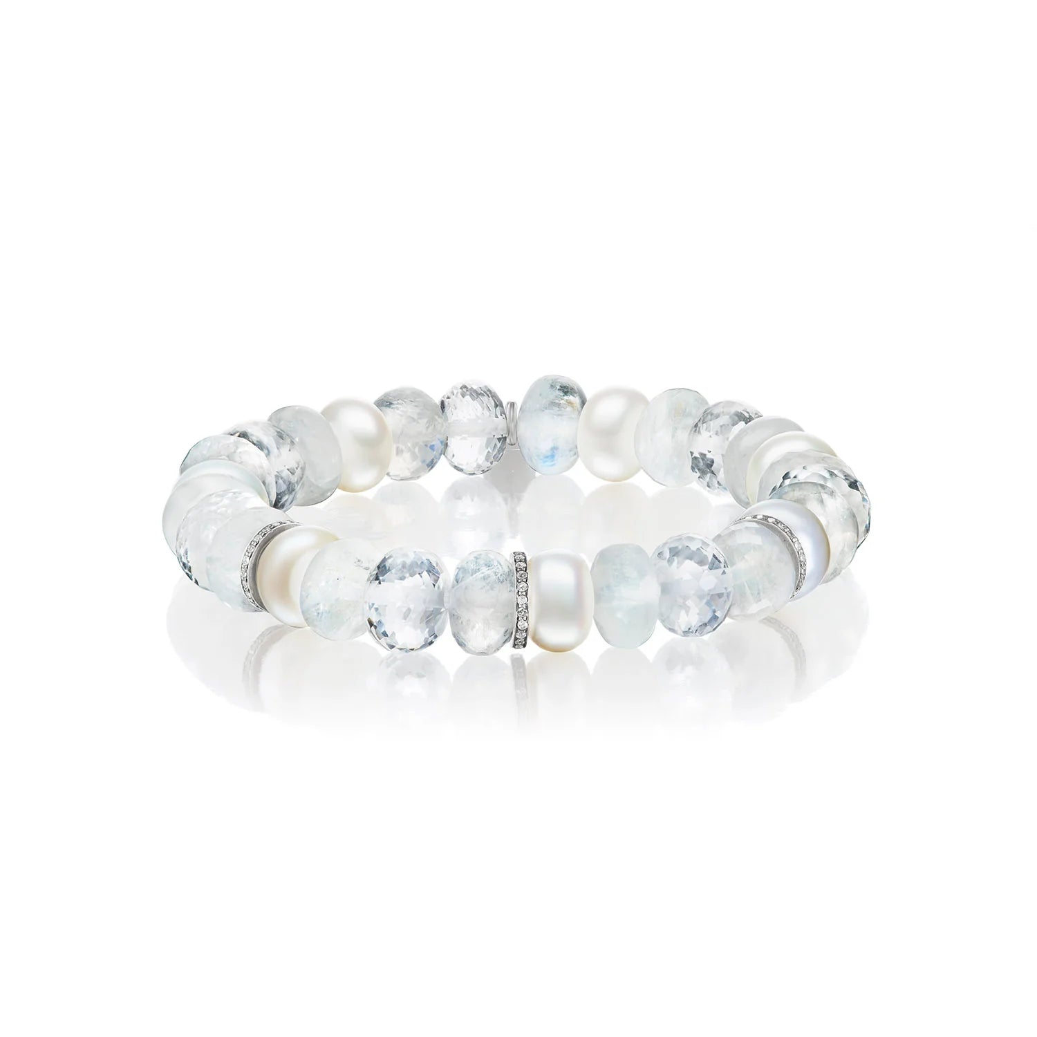 PEARL, CRYSTAL AND MOONSTONE MIX WITH DIAMOND RONDELLES BRACELET