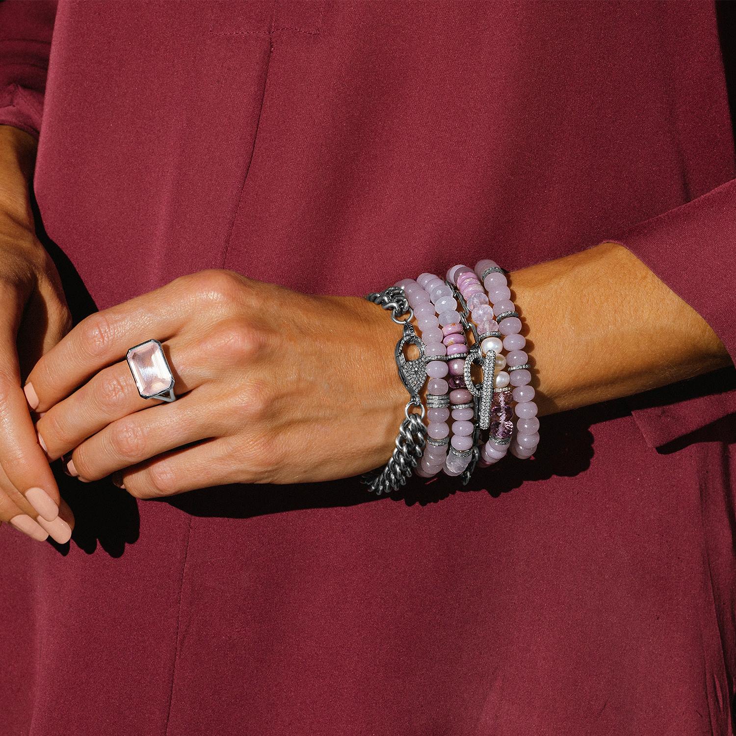 LAVENDER HAZE BEADED BRACELET WITH 5 DIAMOND RONDELLES - 8MM