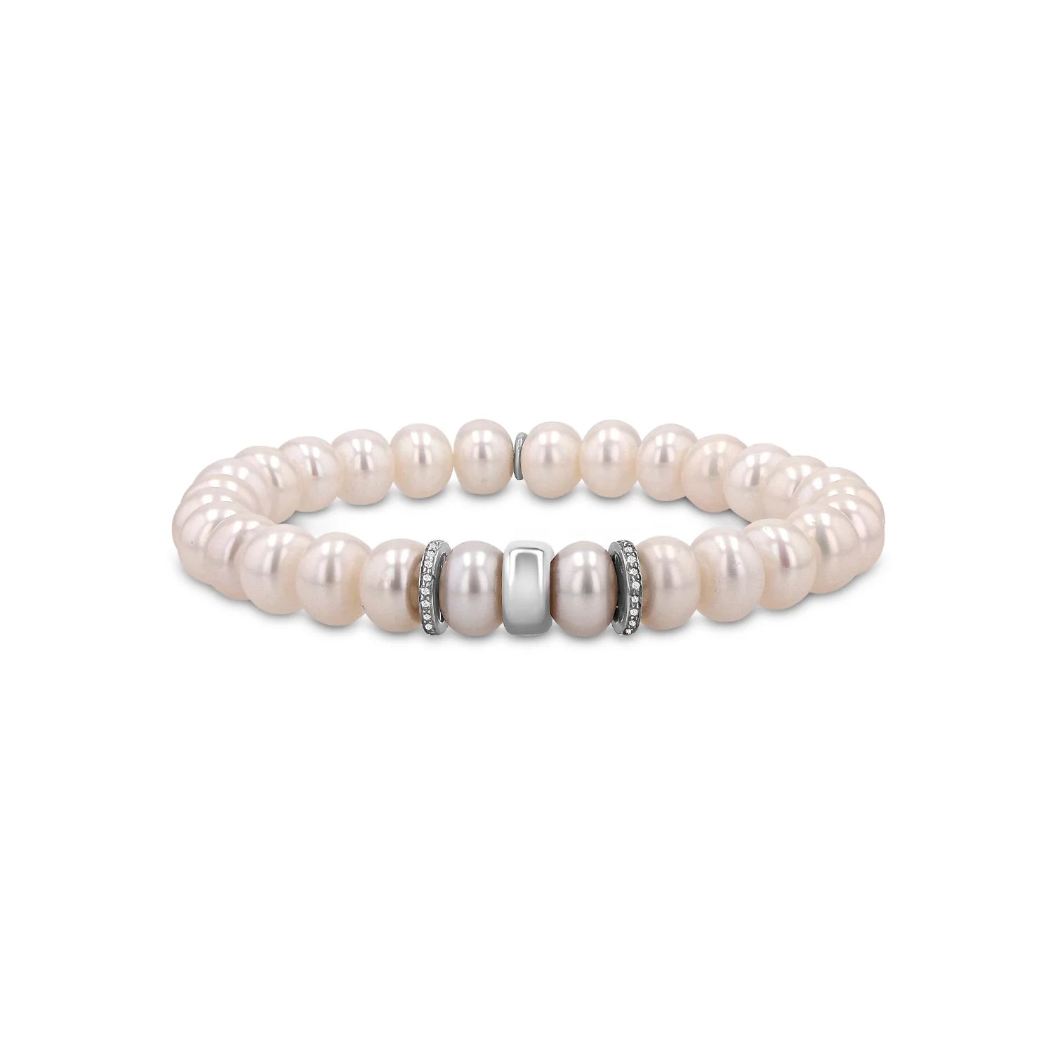 PEARL BRACELET WITH DIAMOND AND SILVER RONDELLES - 8MM