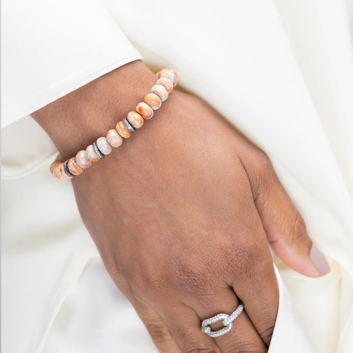 MEXICAN FIRE OPAL BRACELET WITH DIAMOND RONDELLES - 8MM