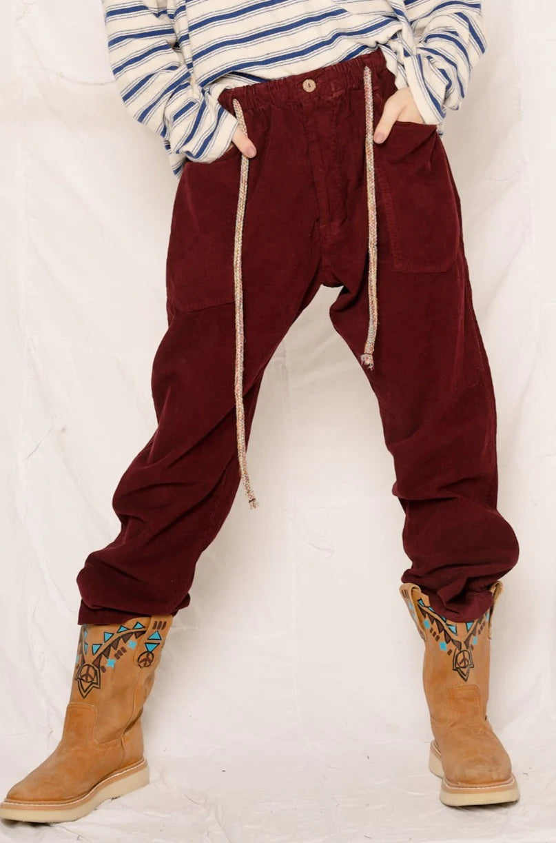 WALES CORDUROY DRAWSTRING TROUSERS DEEP BURGUNDY