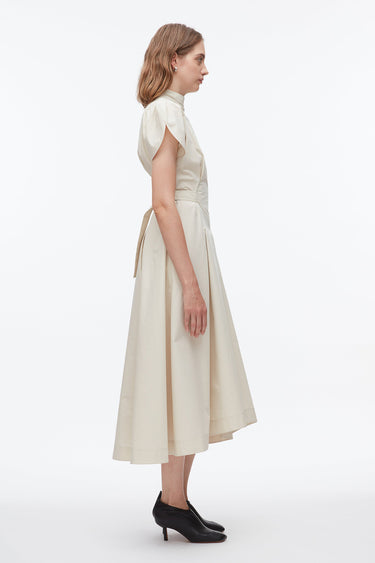 PUFF SHORT SLEEVE SIDE-TIE COTTON POPLIN FLARE DRESS STONE