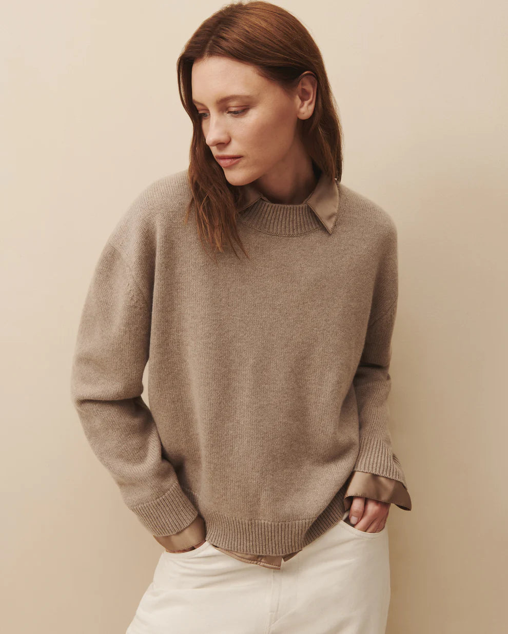 CASHMERE BOY CREW SWEATER IN CAPPUCCINO