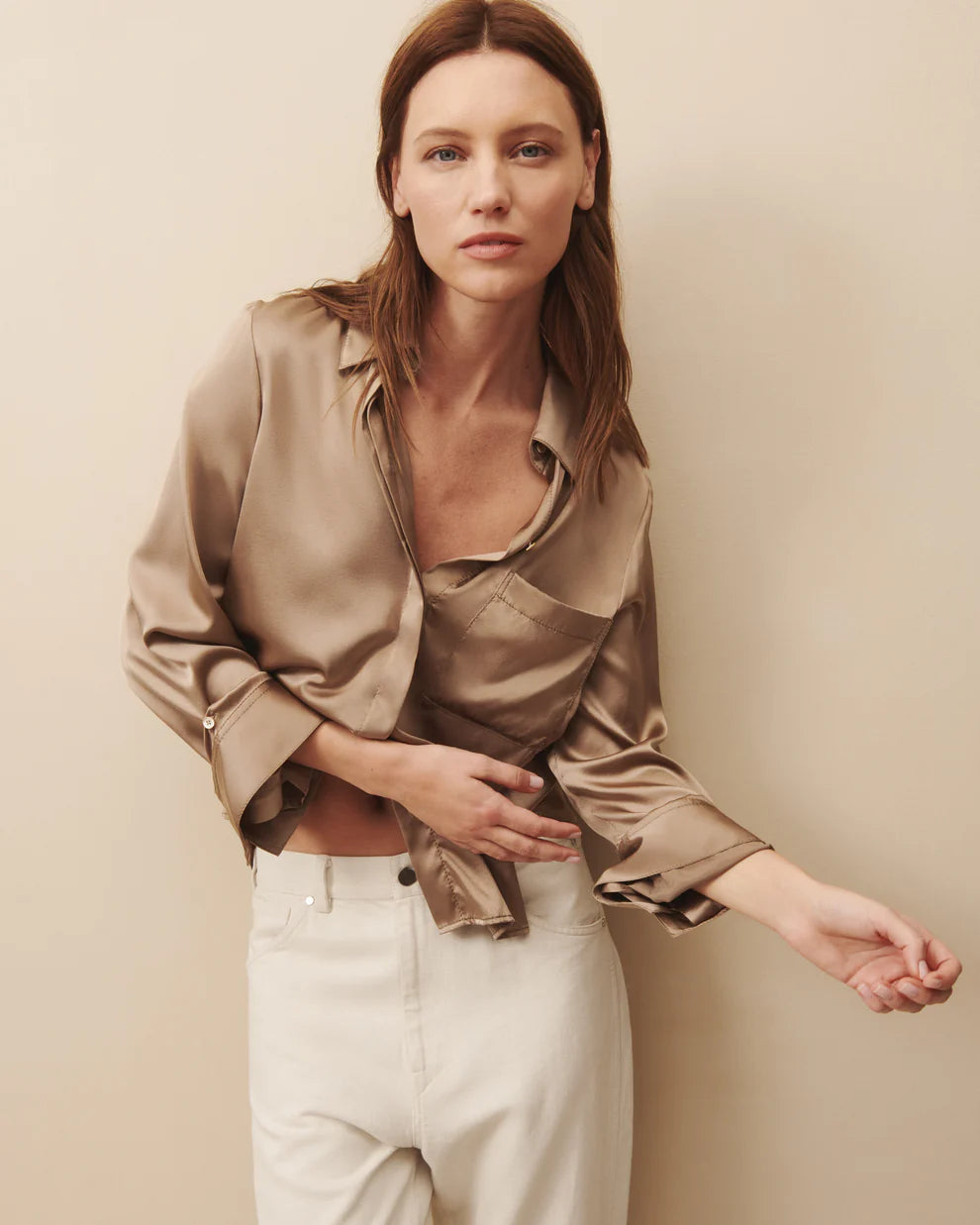 SILK BOYFRIEND SHIRT IN CAPPUCINO