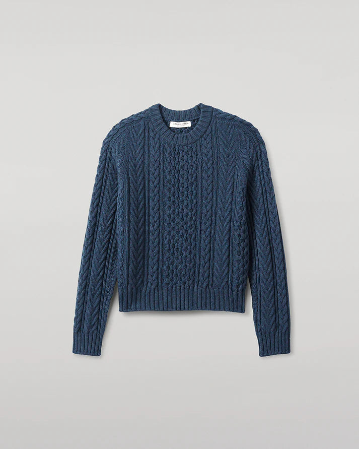 ROUND NECK CROPPED ARAN CABLE SWEATER HEATHER NAVY