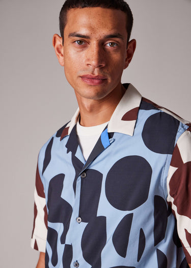 SHORT SLEEVE BUTTON DOWN CUT UP DOTS PRINT BLUE