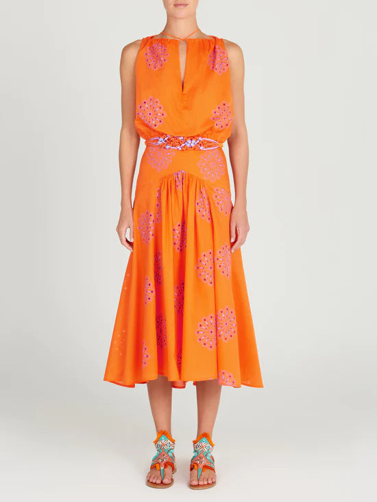 DAILA DRESS IN ORANGE WITH LILAC EMBROIDERY