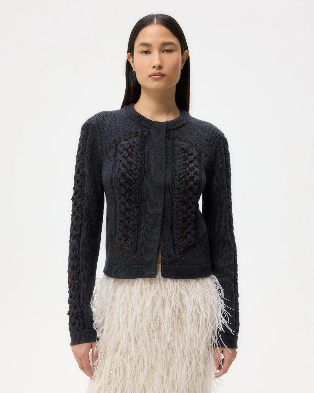 SUEDE CABLE SWEATER JACKET CHARCOAL