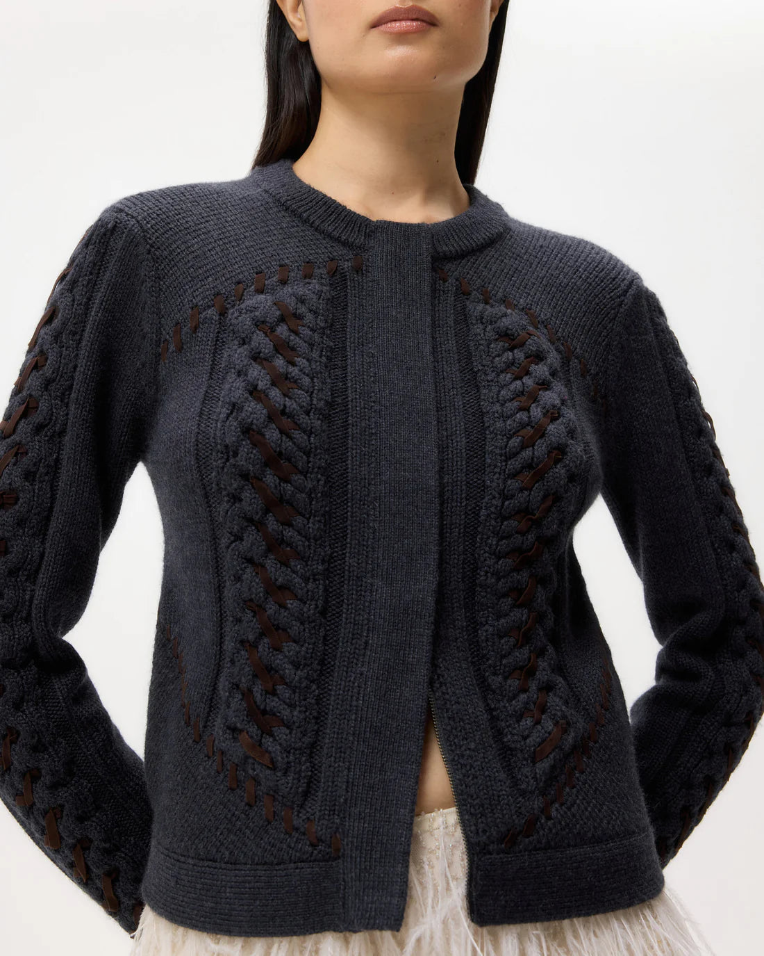 SUEDE CABLE SWEATER JACKET CHARCOAL