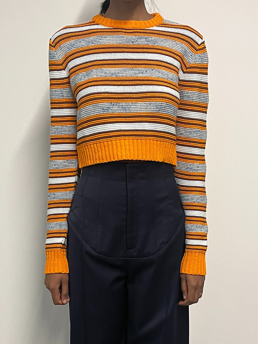 STRIPED COTTON CREWNECK IN BRIGHT ORANGE