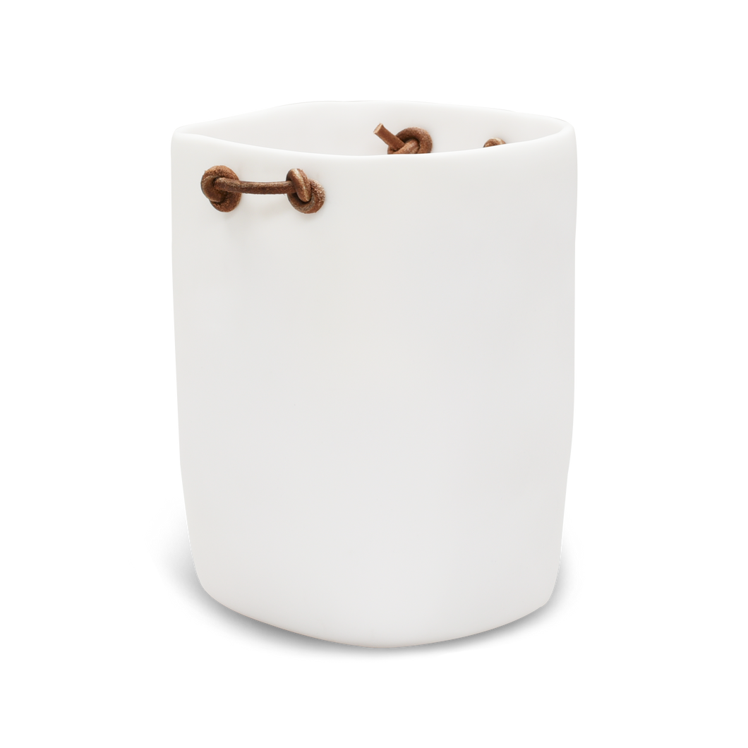 CUADRADO WASTE BASKET WITH LEATHER HANDLES IN WHITE